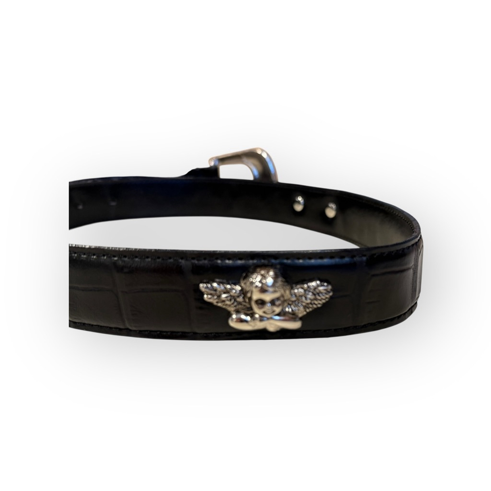 Black Faux Leather Angel Belt Silver Buckle Croc Embossed 1” Wide 39” Length - Picture 6 of 8